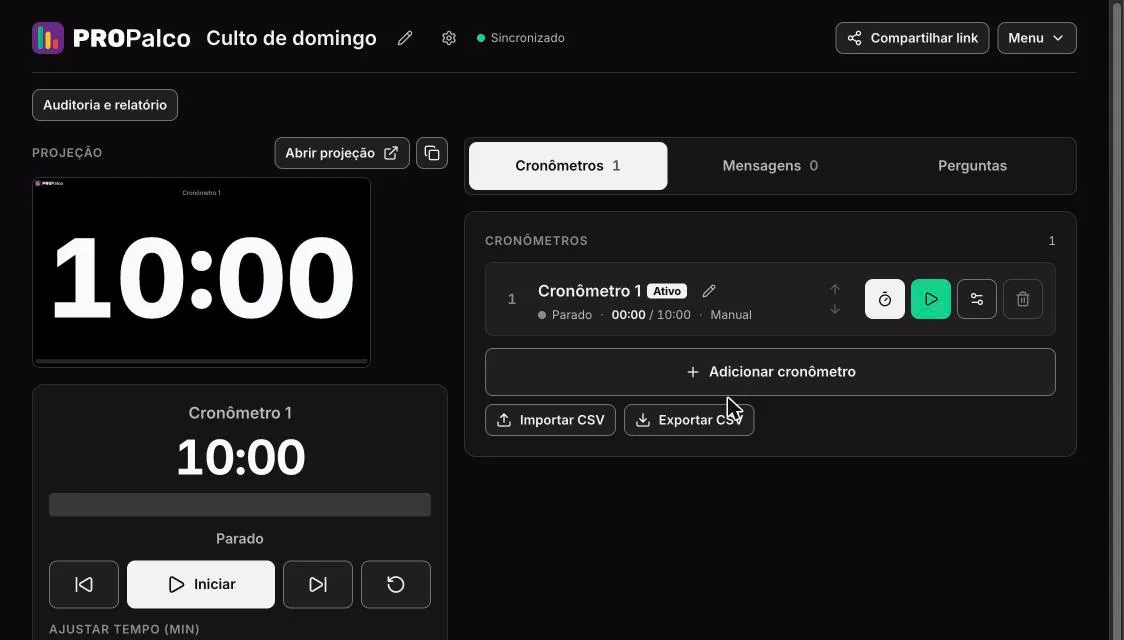 Controle de uma sala recém-criada, com o Cronômetro 1 de 10 minutos e o botão Iniciar