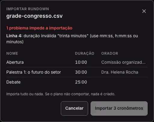Diálogo Importar rundown com “1 problema impede a importação”, a Linha 4 com a duração “trinta minutos” inválida e o botão Importar desligado