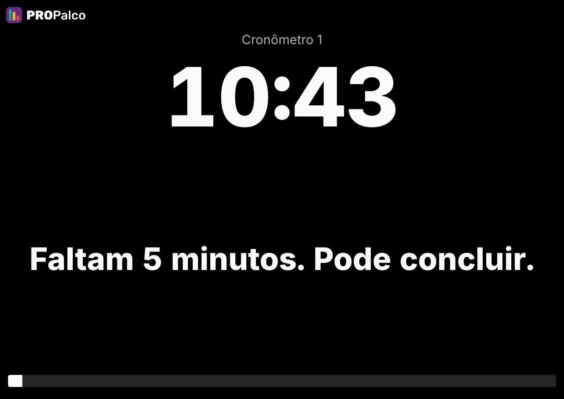 Telão com o tempo restante no alto e a mensagem em letras grandes abaixo